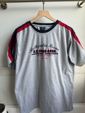 Vintage U.S. Polo Assn. Heather Gray Tee with Red & Navy Shoulder Stripes